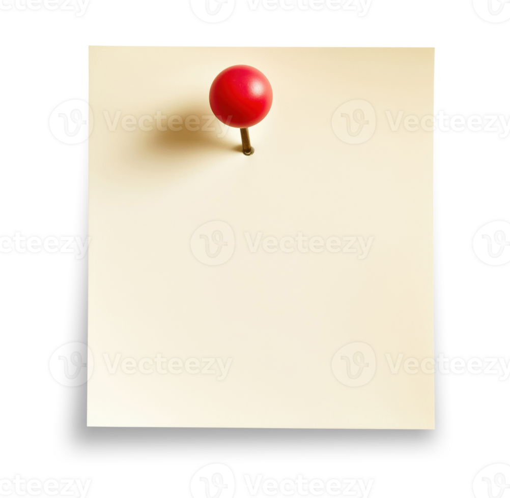 Blank light yellow paper note with red push pin isolated on transparent background png