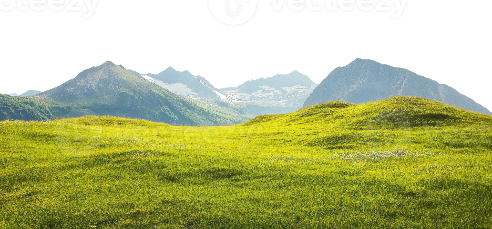 Green meadow with rolling hills extending toward mountain peaks, isolated on transparent background png