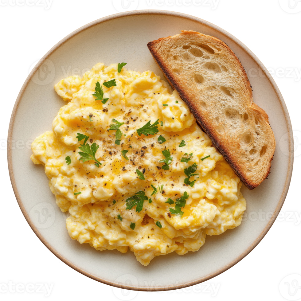 Plate with scrambled eggs and slice of bread isolated on transparent background png