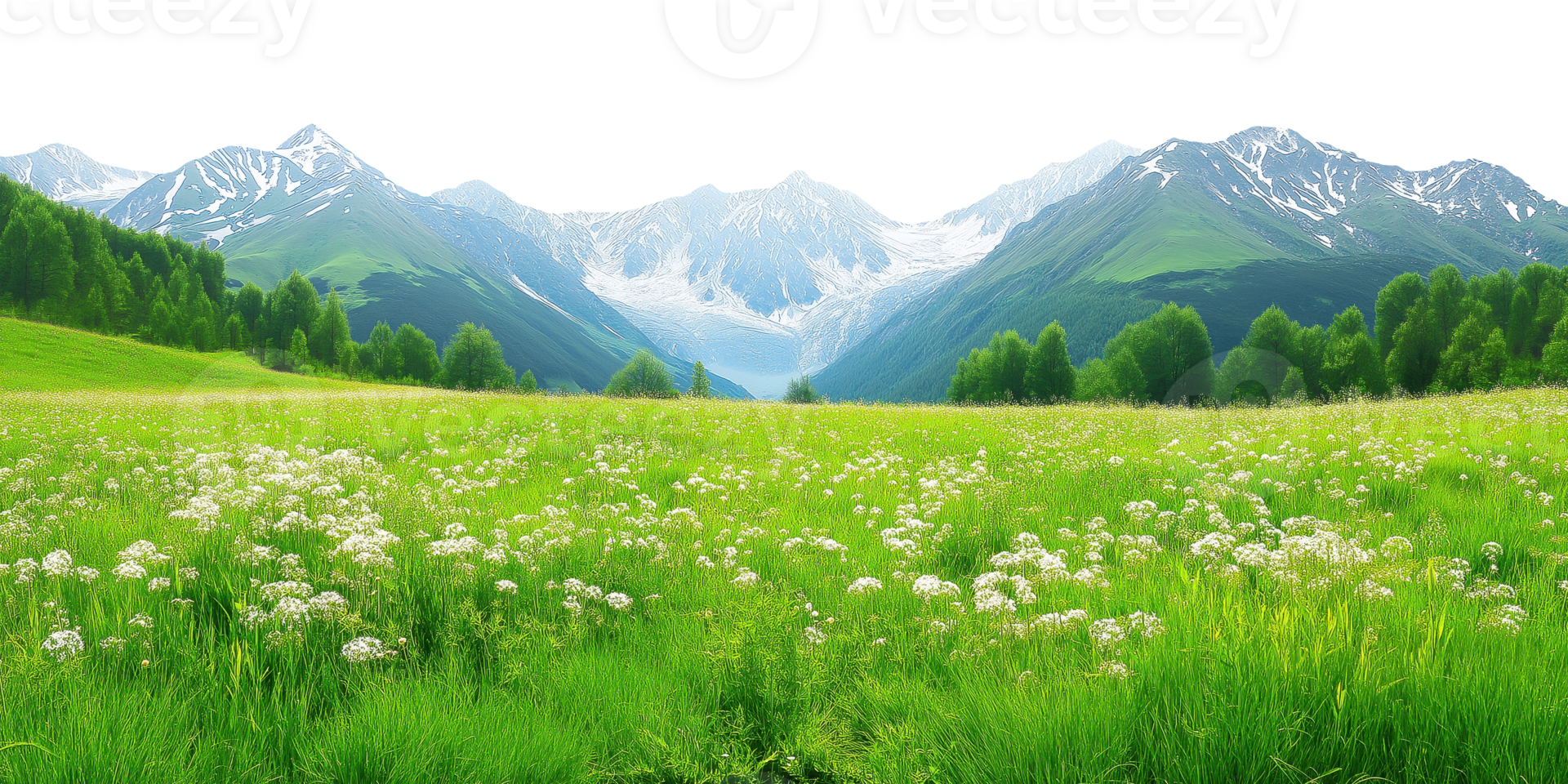 Green meadow extending toward mountain peaks, isolated on transparent background png
