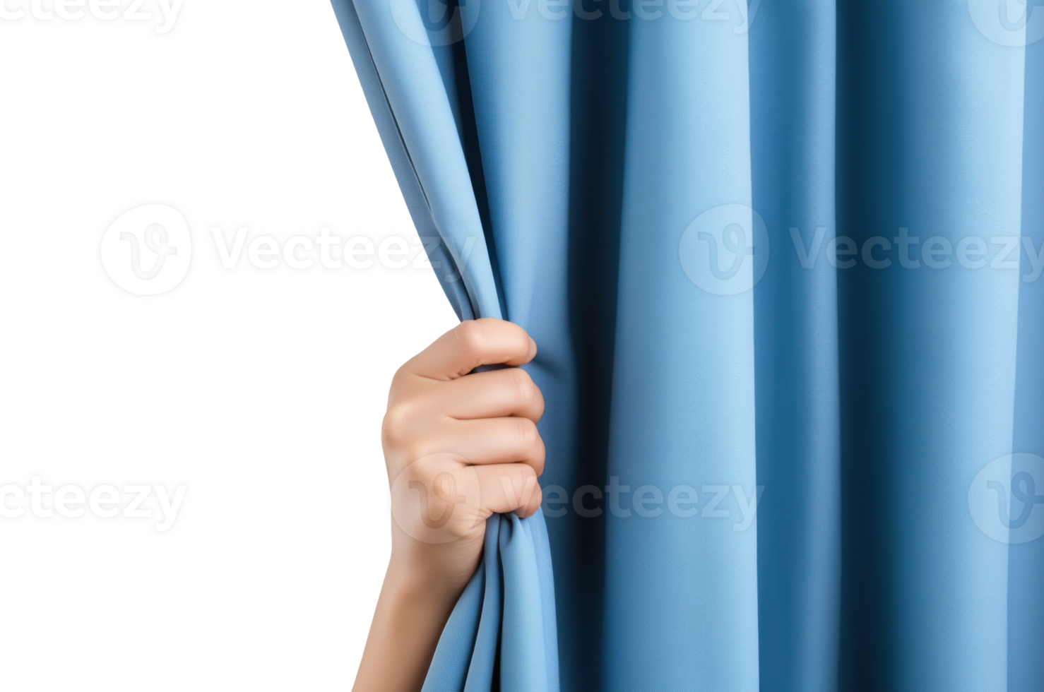Human hand pulling open a blue curtain isolated on transparent background png