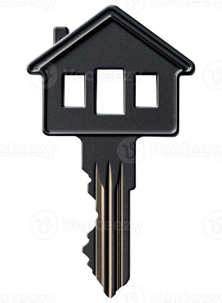 House shaped key with windows, symbolizing home ownership, real estate, property access and security, isolated on transparent background png