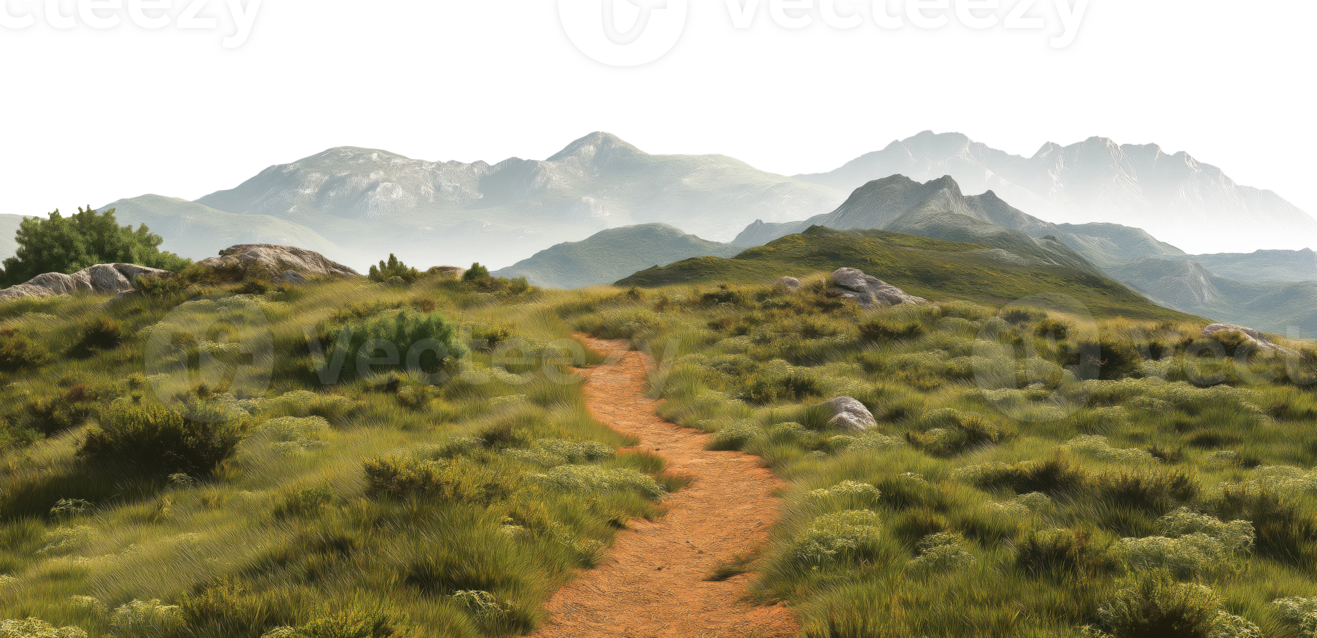 Winding dirt hiking trail leading through green shrubland toward misty mountain peaks, isolated on transparent background png