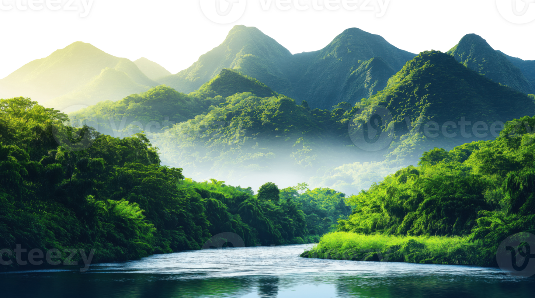 Serene river flowing through lush tropical valley with misty green mountains, isolated on transparent background png