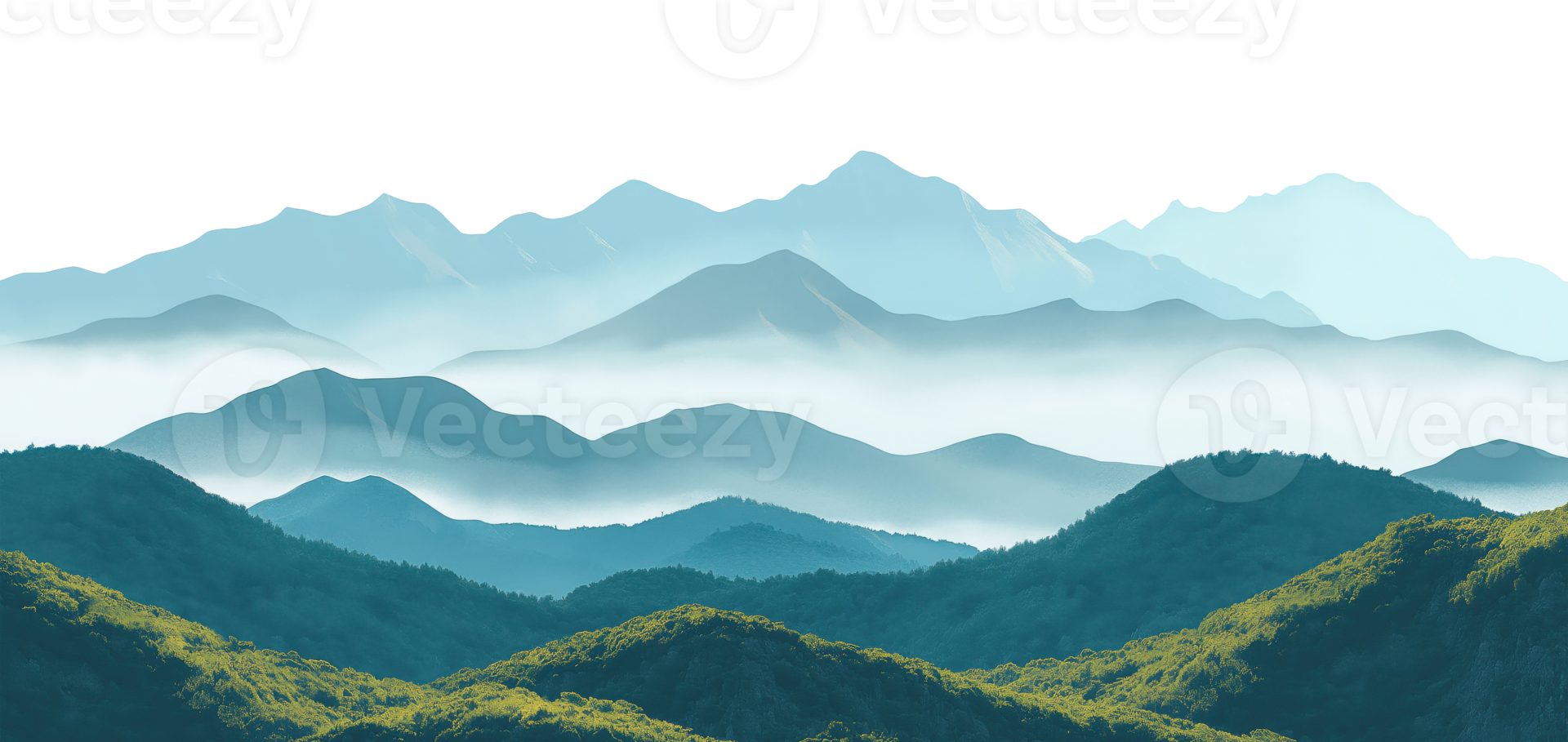 Layered mountain silhouettes with morning mist and fog isolated on transparent background png