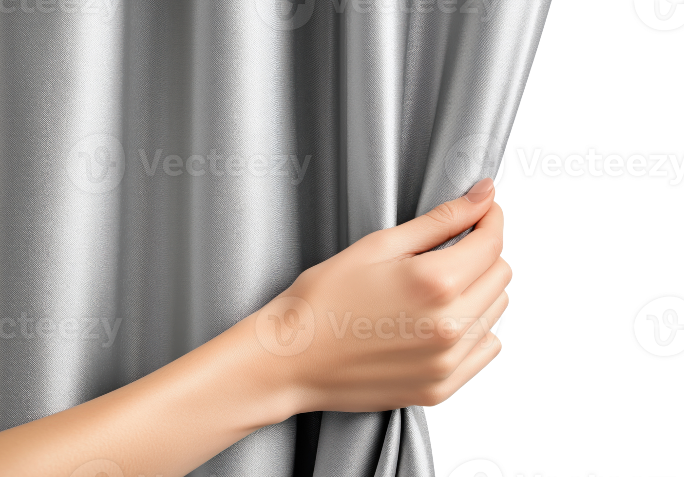 Female hand opening a grey curtain, isolated on transparent background png
