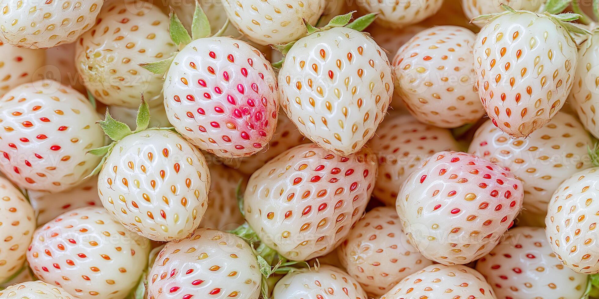 White pineberry strawberries , top view. Pineberry or Hula Berry a hybrid strawberry with a pineapple flavor white flesh and red seeds photo