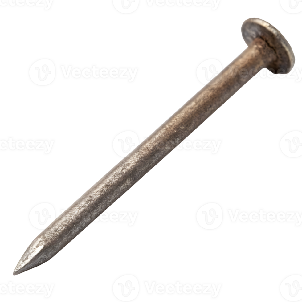 Close up of a single old metal nail isolated on transparent background png