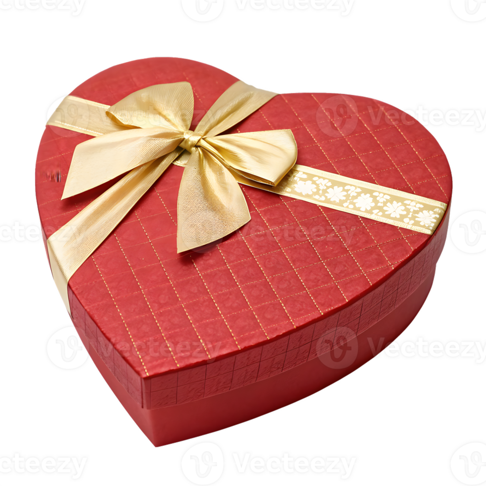 Red heart shaped gift box with gold ribbon and flower trim isolated on transparent background png