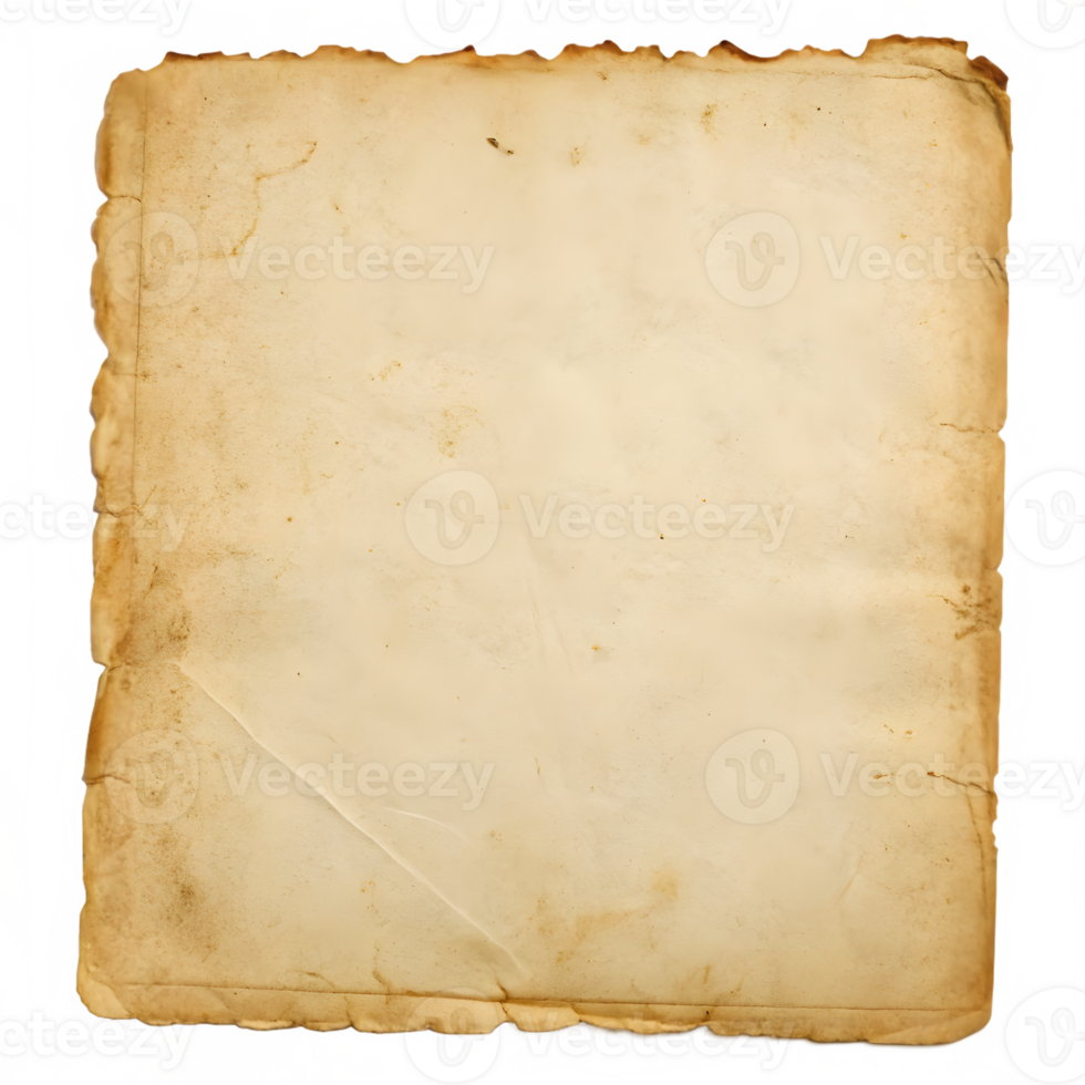 Aged textured paper with torn edges and stains isolated on transparent background png