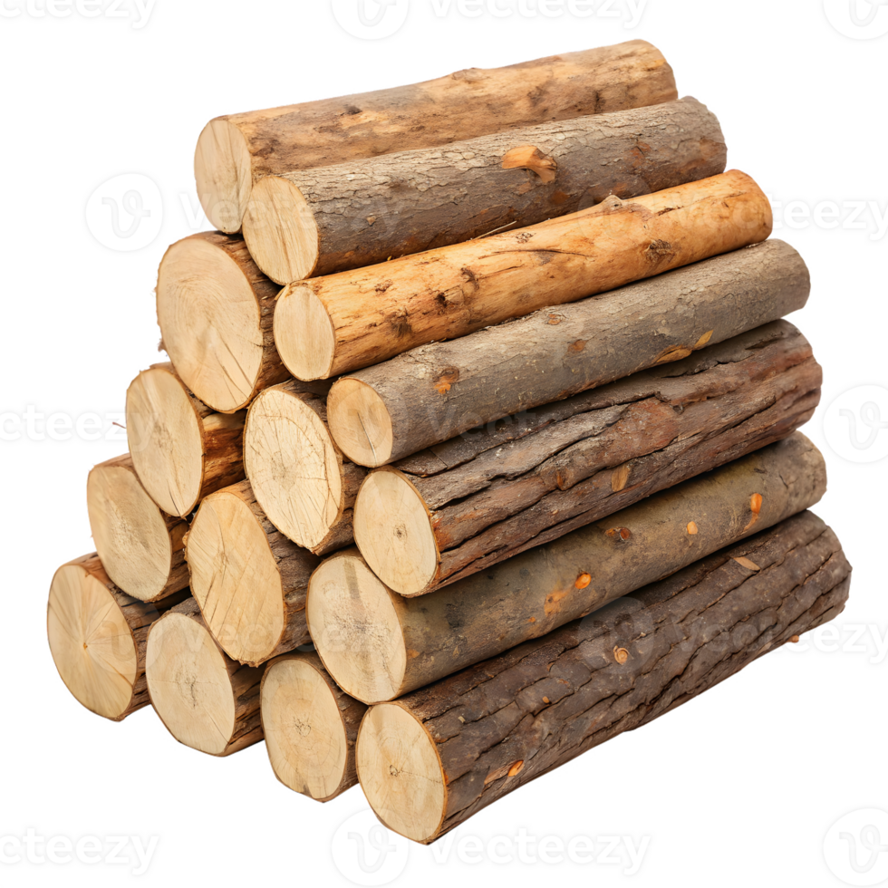 Neatly stacked pile of rough cut wooden logs isolated on transparent background png