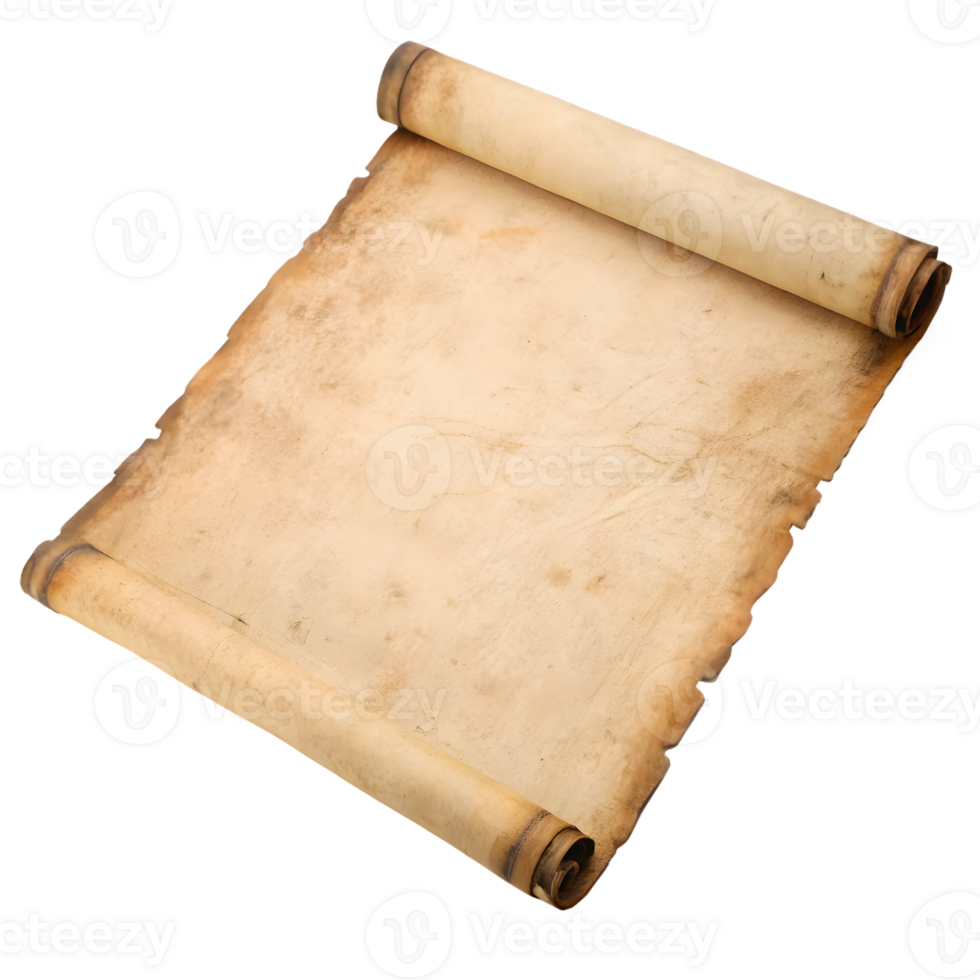 Antique parchment scroll with aged texture and rolled edges isolated on transparent background png