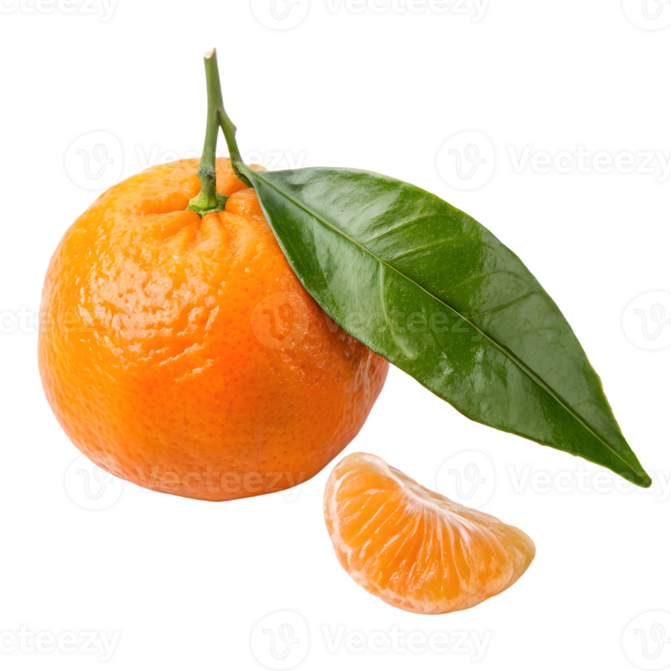 Fresh whole tangerine with a green leaf and a segment isolated on transparent background png