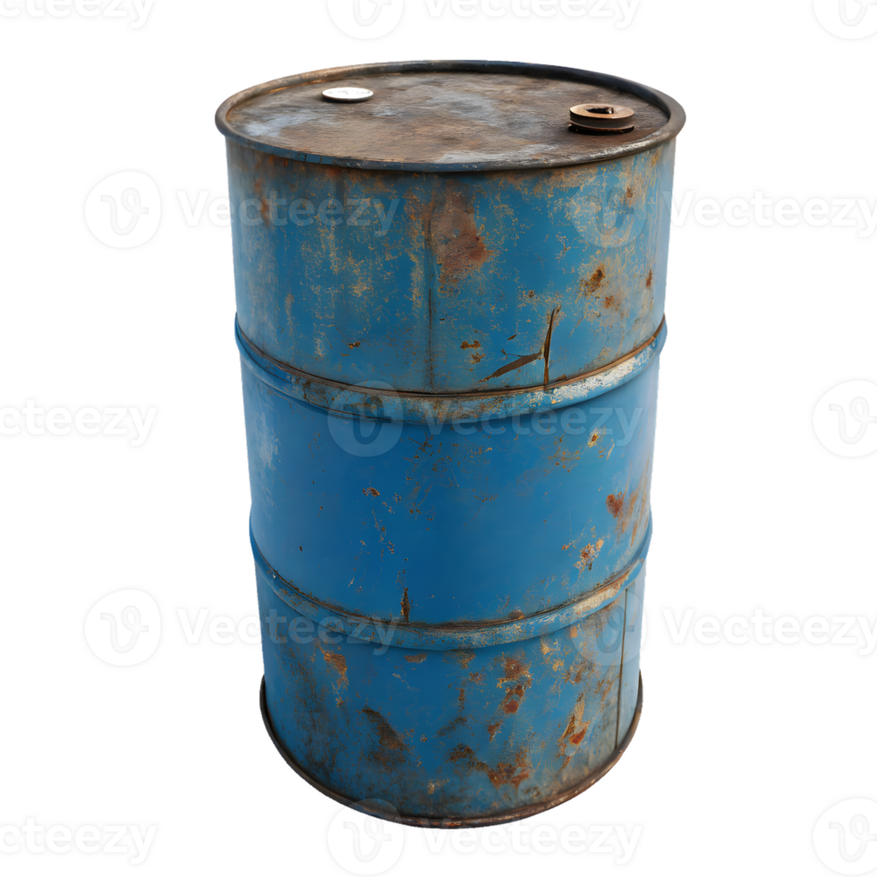 Old rusted blue metal barrel with lid isolated on transparent background png