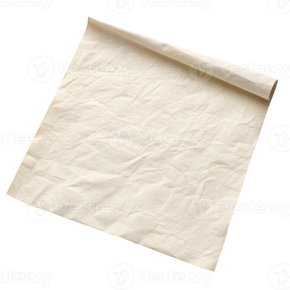 Crinkled parchment paper scroll with a rolled edge isolated on transparent background png