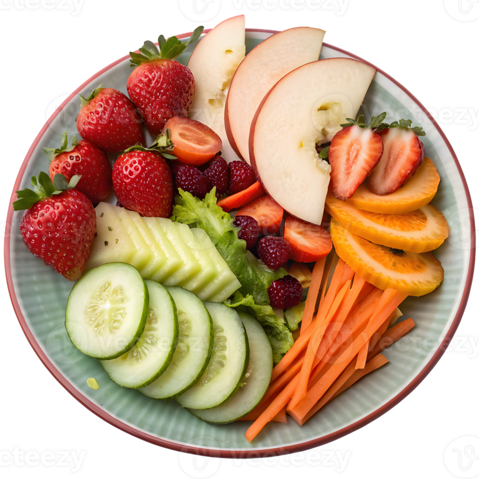 Fresh fruit and vegetable salad platter isolated on transparent background png