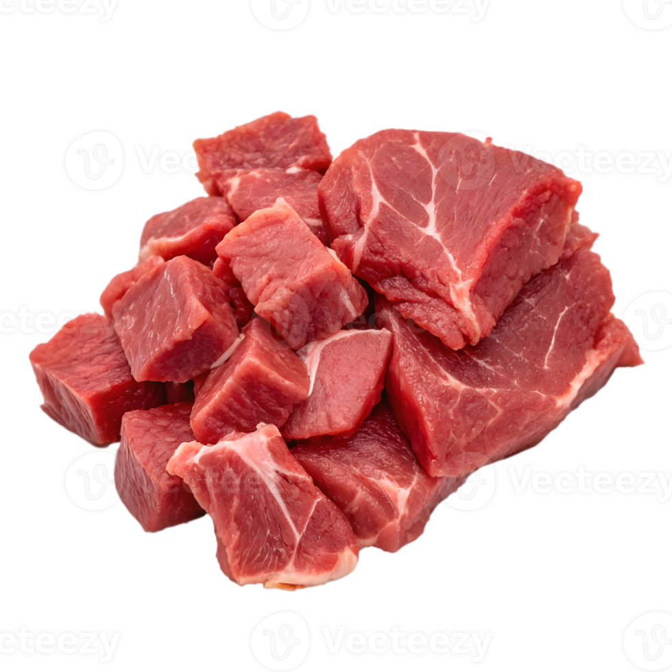 Freshly cut raw beef cubes for cooking isolated on transparent background png