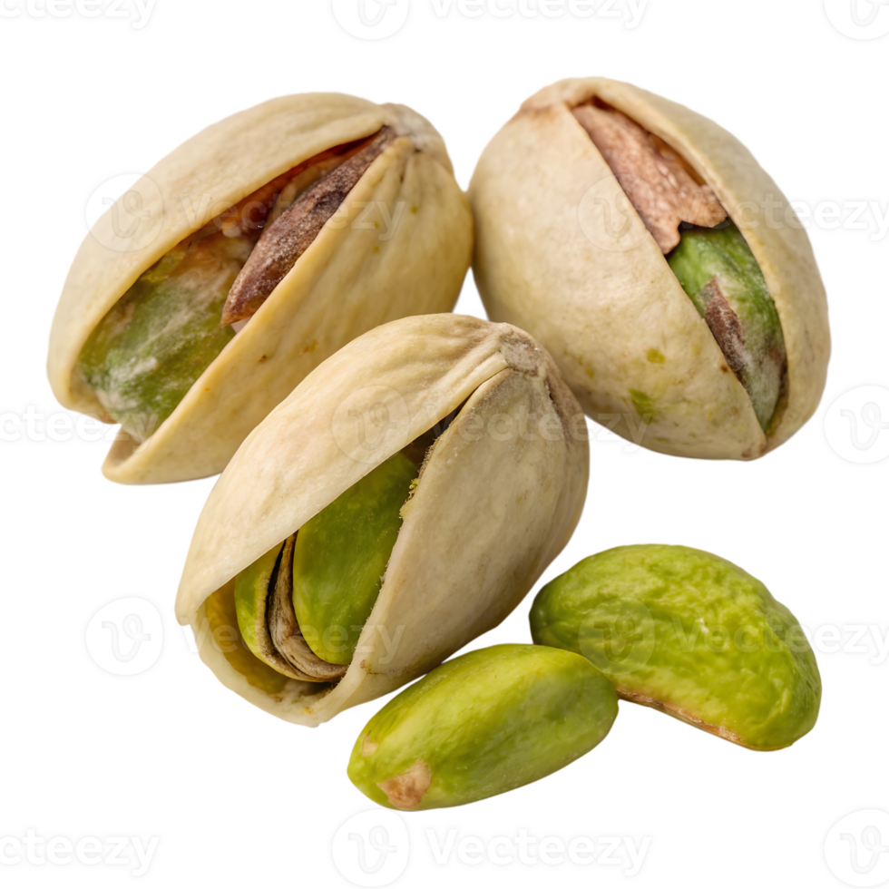 Close up of three open pistachios with shelled kernels isolated on transparent background png