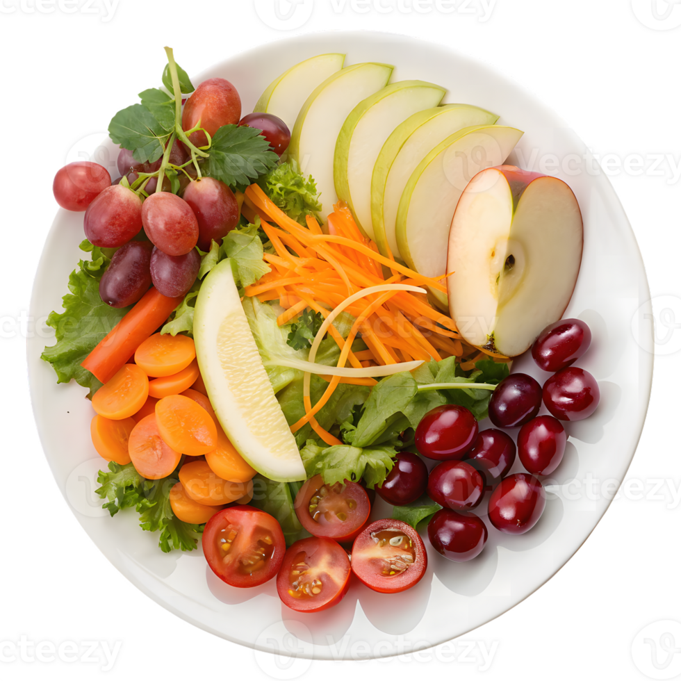 Fresh fruit and vegetable salad with grapes apples cherries and carrots isolated on transparent background png