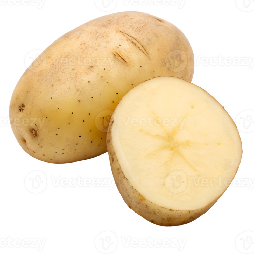 Whole and halved potato showing texture and internal structure isolated on transparent background png