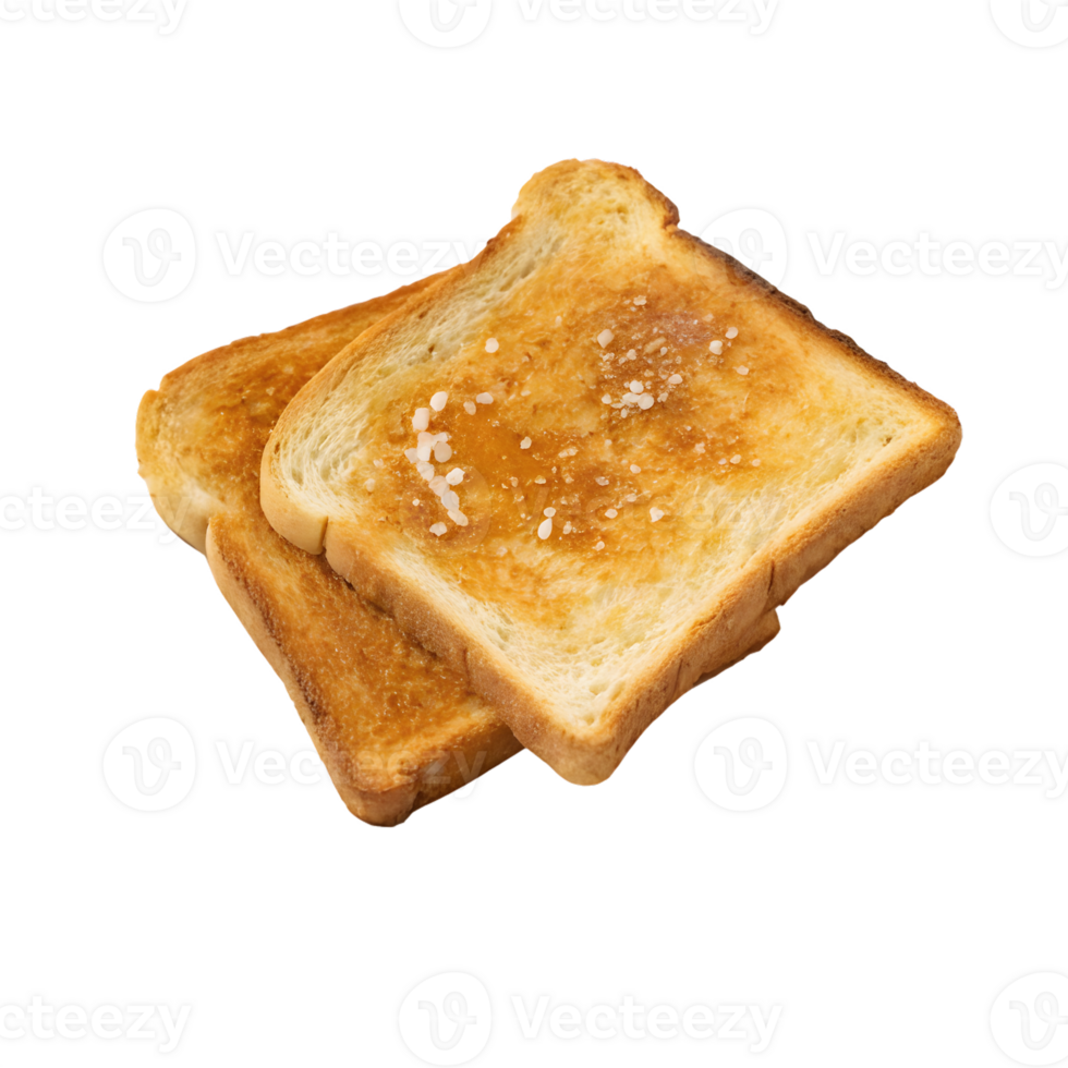 Two slices of golden brown toast sprinkled with coarse salt isolated on transparent background png