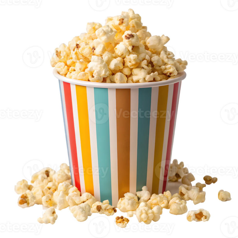 A colorful striped bucket overflowing with popcorn isolated on transparent background png
