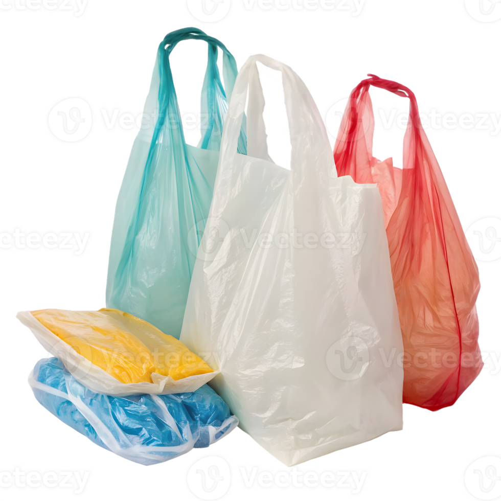 Assortment of colorful plastic shopping bags and grocery bags isolated on transparent background png