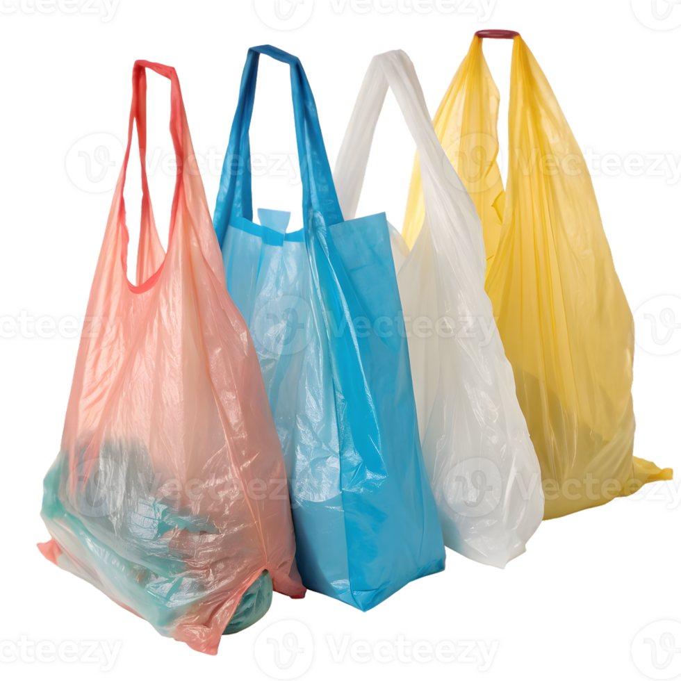 Four colorful plastic shopping bags arranged in a row isolated on transparent background png