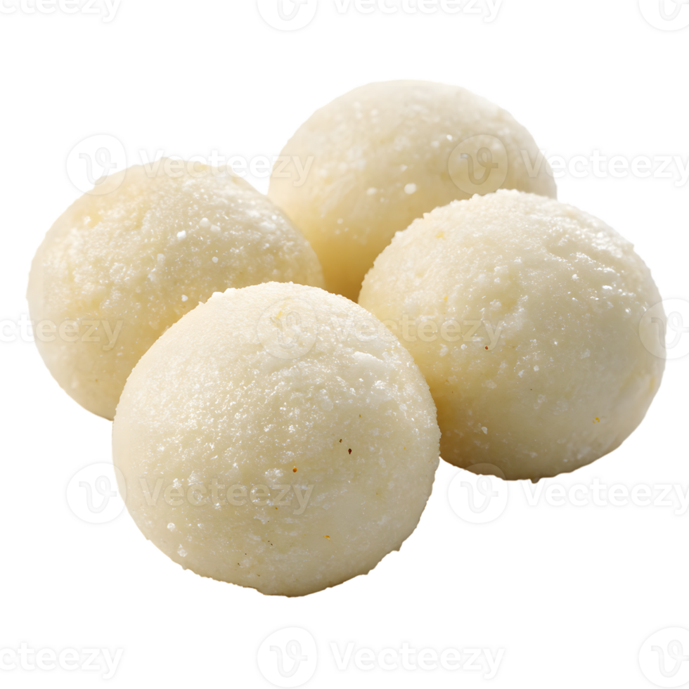 Four round white sweet balls with sugar sprinkles isolated on transparent background png