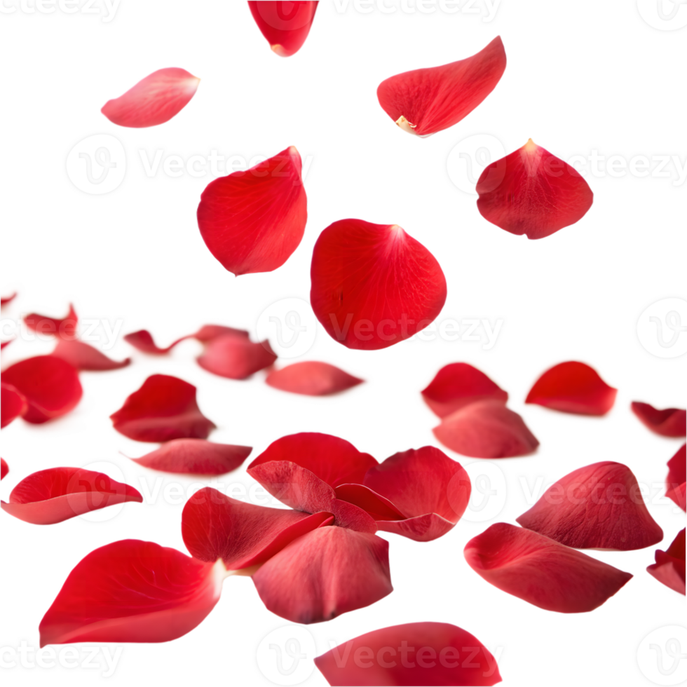 Falling red rose petals scattered in motion isolated on transparent background png