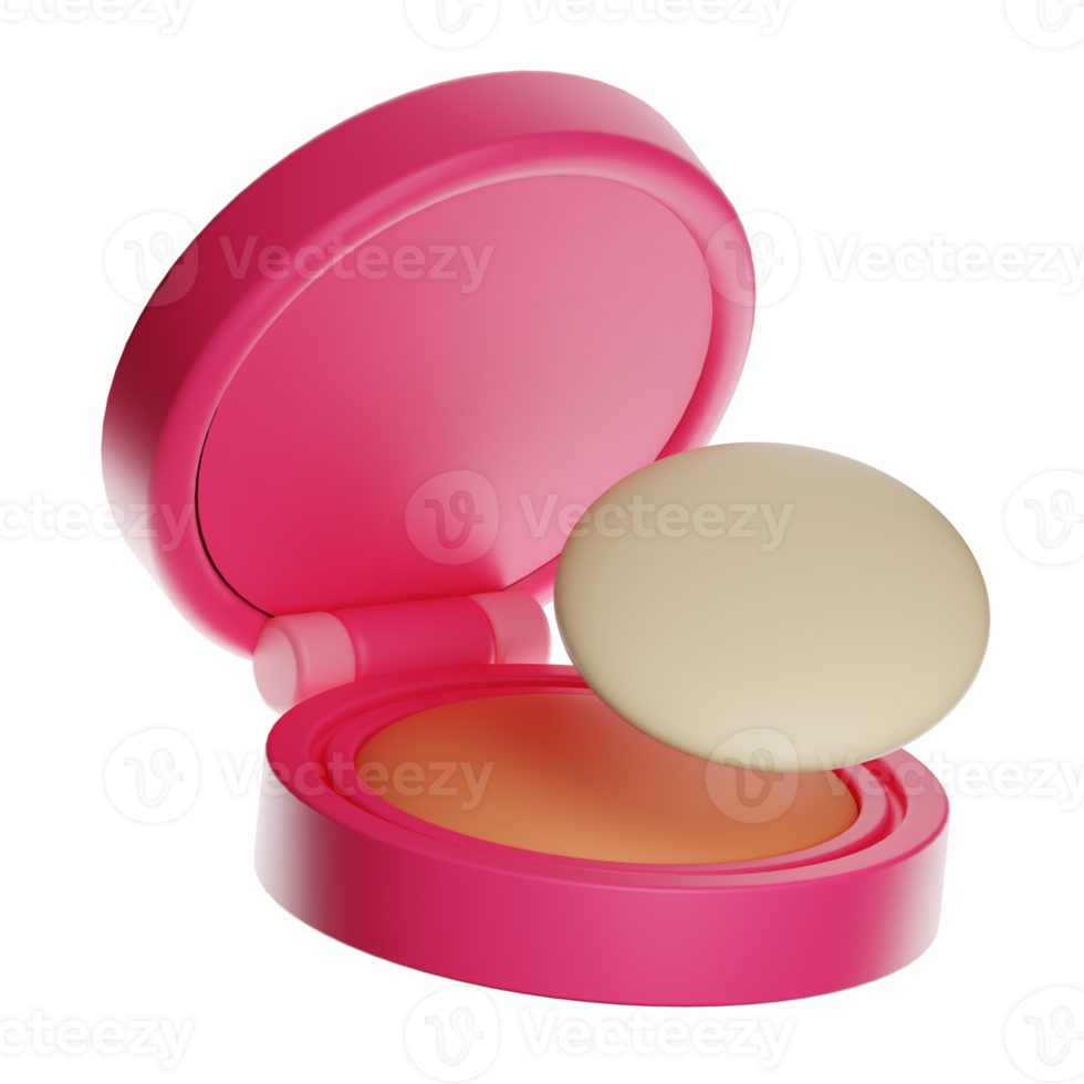 Pink powder compact with puff floating, transparent background, 3d rendering png