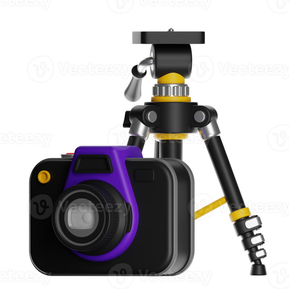 Purple and black camera resting on a tripod with transparent background png