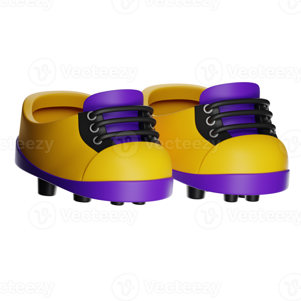 Pair of yellow and purple soccer boots with black laces on transparent background png