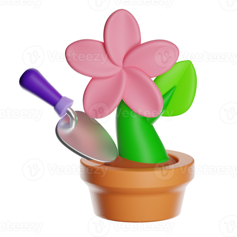 Gardener taking care of pink frangipani flower in pot with trowel, 3d illustration on transparent background png