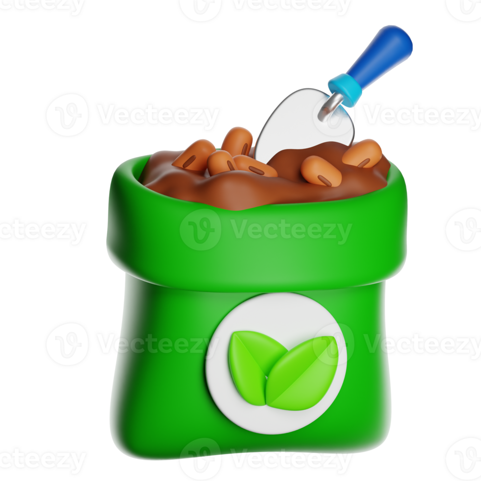 Green bag full of coffee beans and soil with trowel, 3d rendering on transparent background png