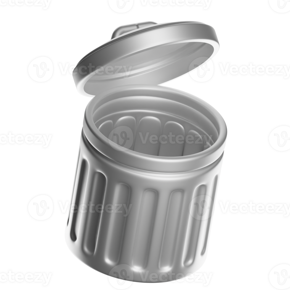 Empty metal trash can with open lid on transparent background png