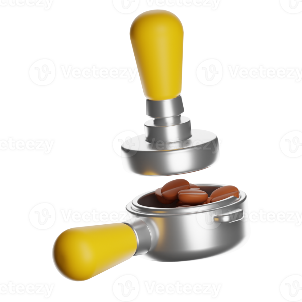 Coffee tamper pressing roasted coffee beans in portafilter with transparent background png