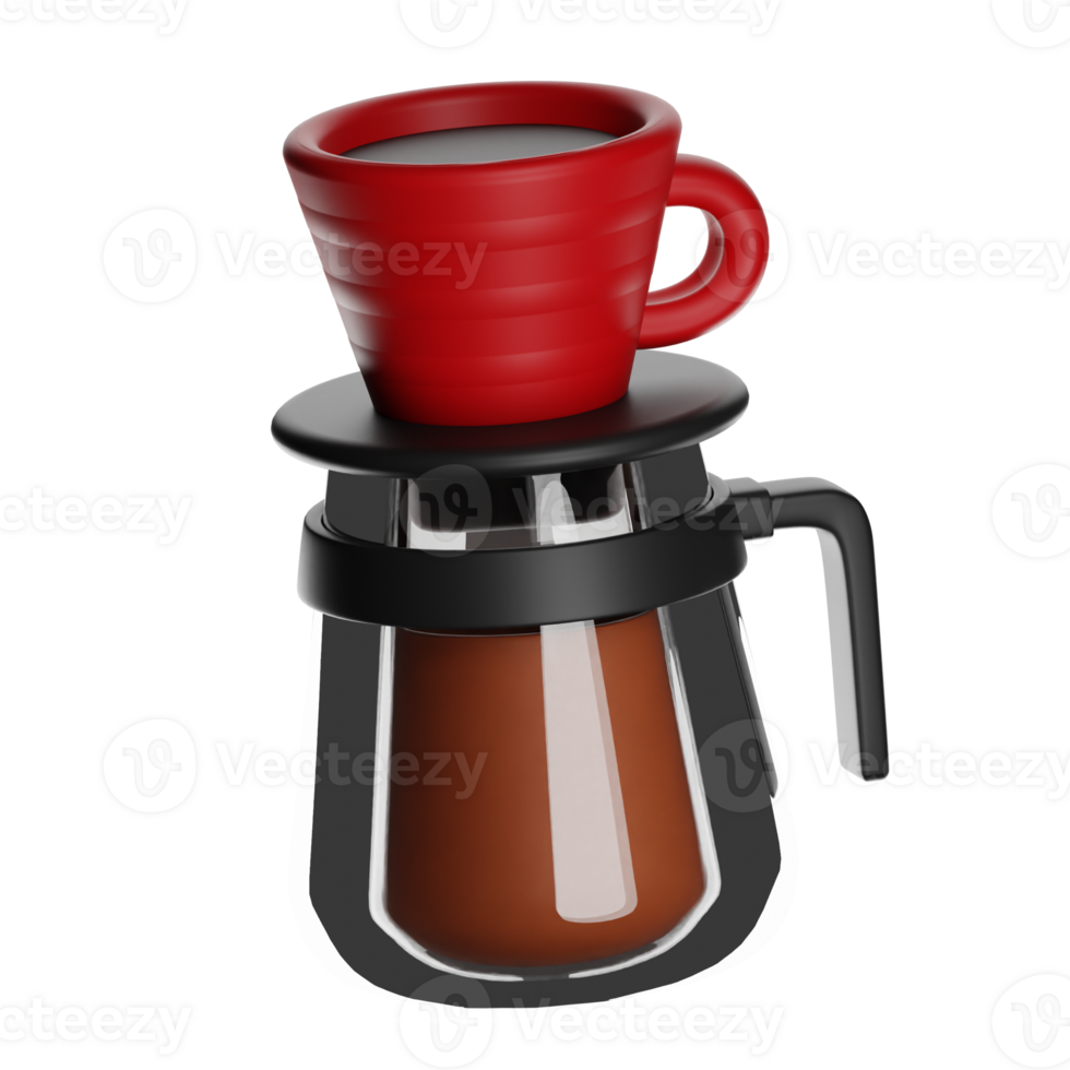 3d coffee maker brewing fresh coffee into red cup on transparent background png