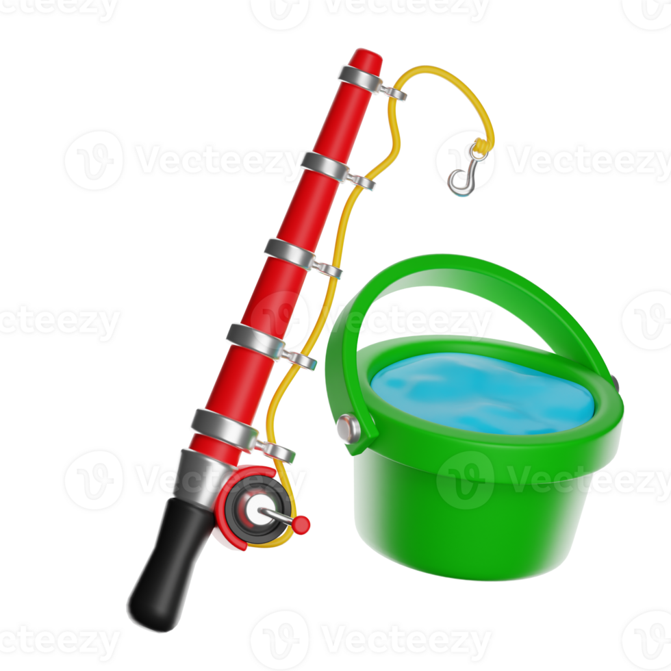 Fishing rod and bucket with water on transparent background png