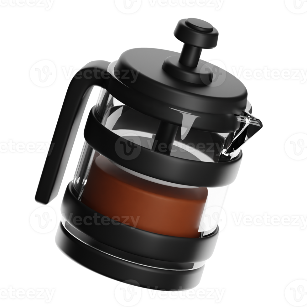Black french press coffee maker brewing fresh coffee on transparent background png