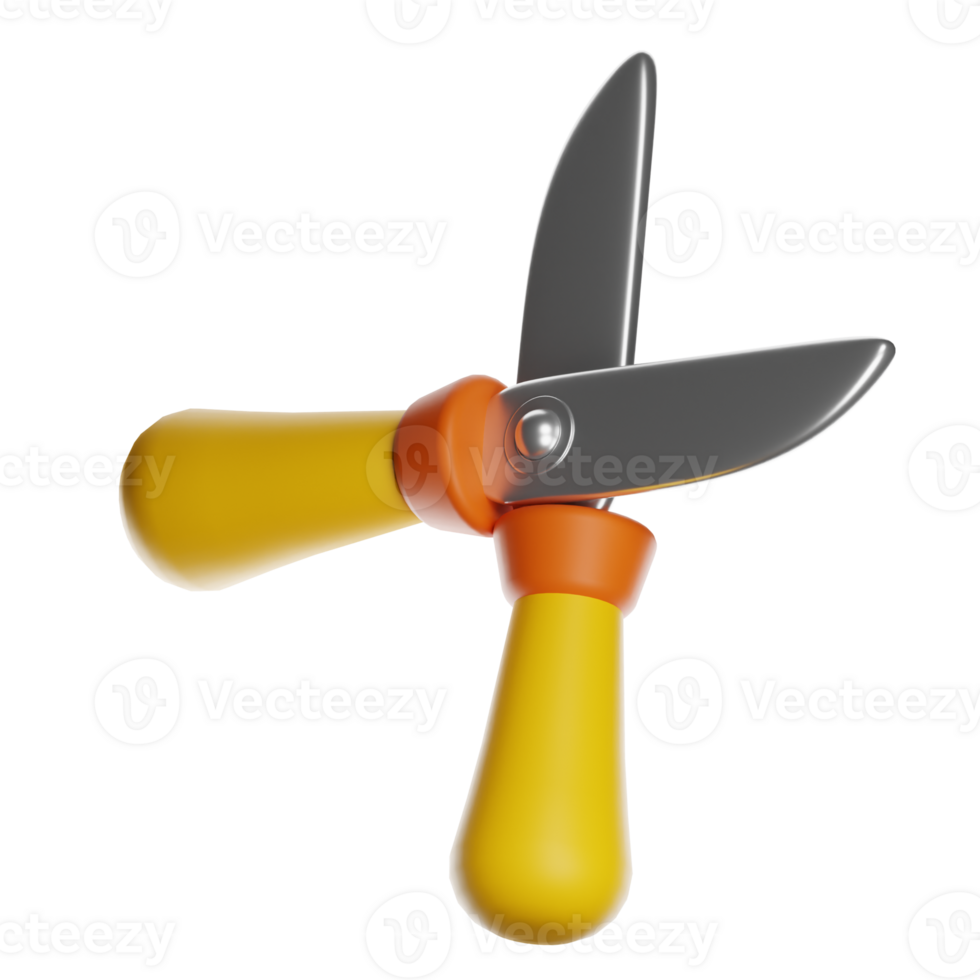 3d gardening shears with yellow and orange handles on transparent background png