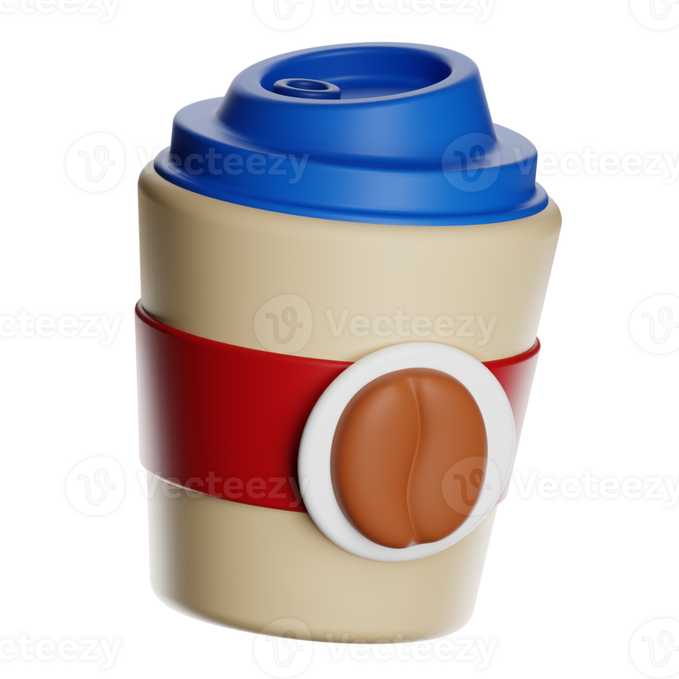 3d coffee cup with blue lid and red sleeve on transparent background png