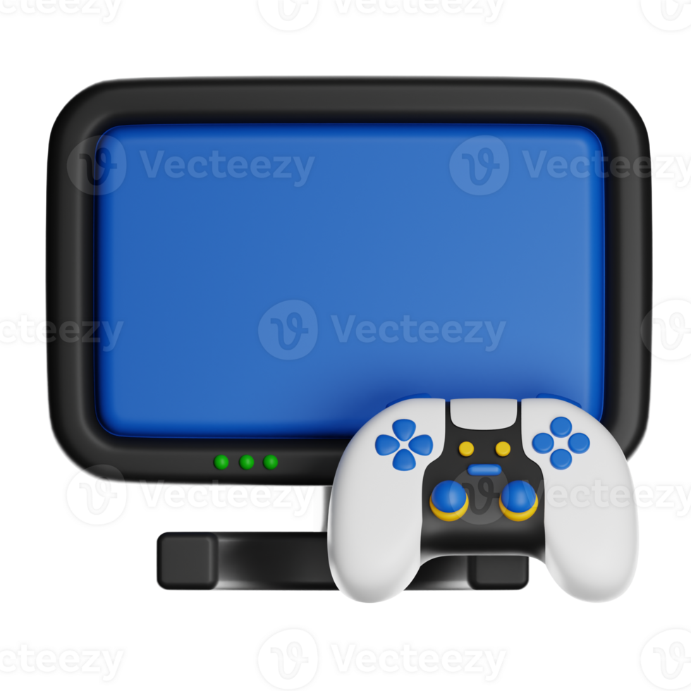 Gamepad leaning on a monitor with transparent background, playing videogames on a pc gaming setup png