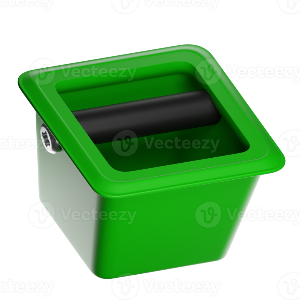 Green plastic embedded container with black handle on transparent background png