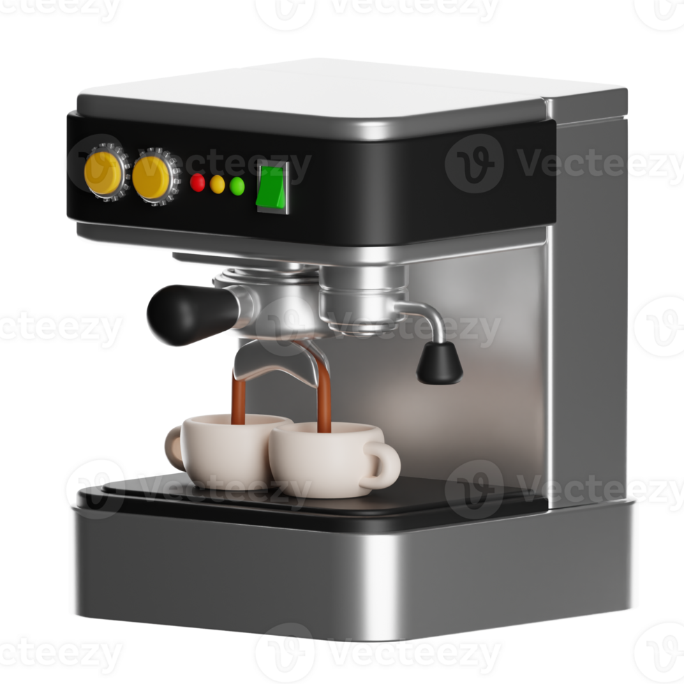 Modern coffee machine pouring espresso into two cups on transparent background png