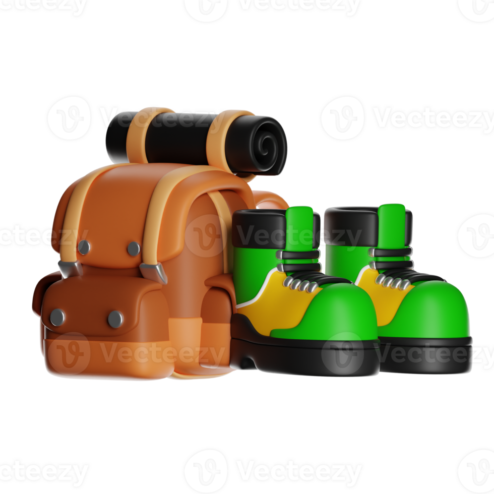 Backpack and hiking boots ready for mountain adventure on transparent background png