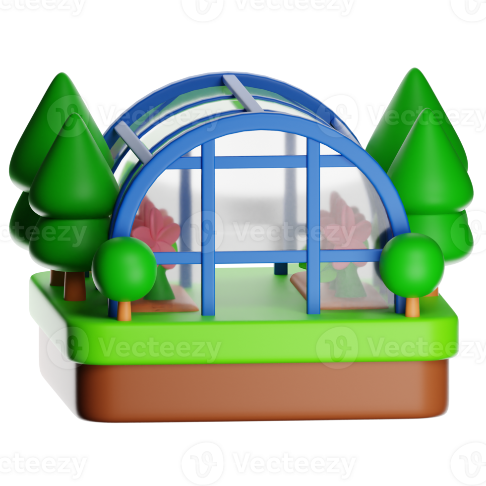 Greenhouse growing flowers and plants surrounded by trees on transparent background png