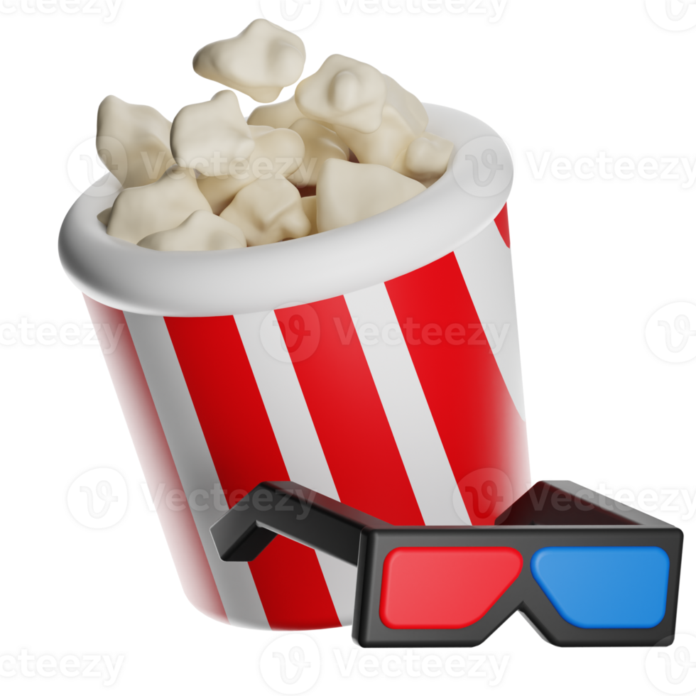 Popcorn bucket and 3d glasses floating on transparent background png