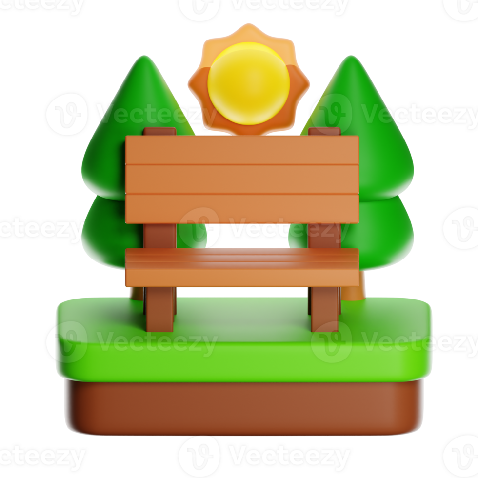 Wooden bench stands between trees under shining sun in a park 3d illustration png