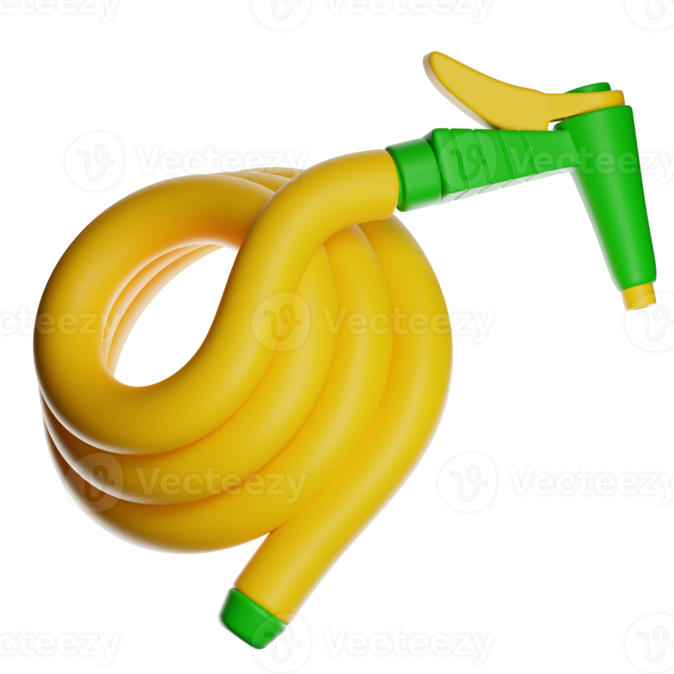 Yellow garden hose with green nozzle coiled up on transparent background png